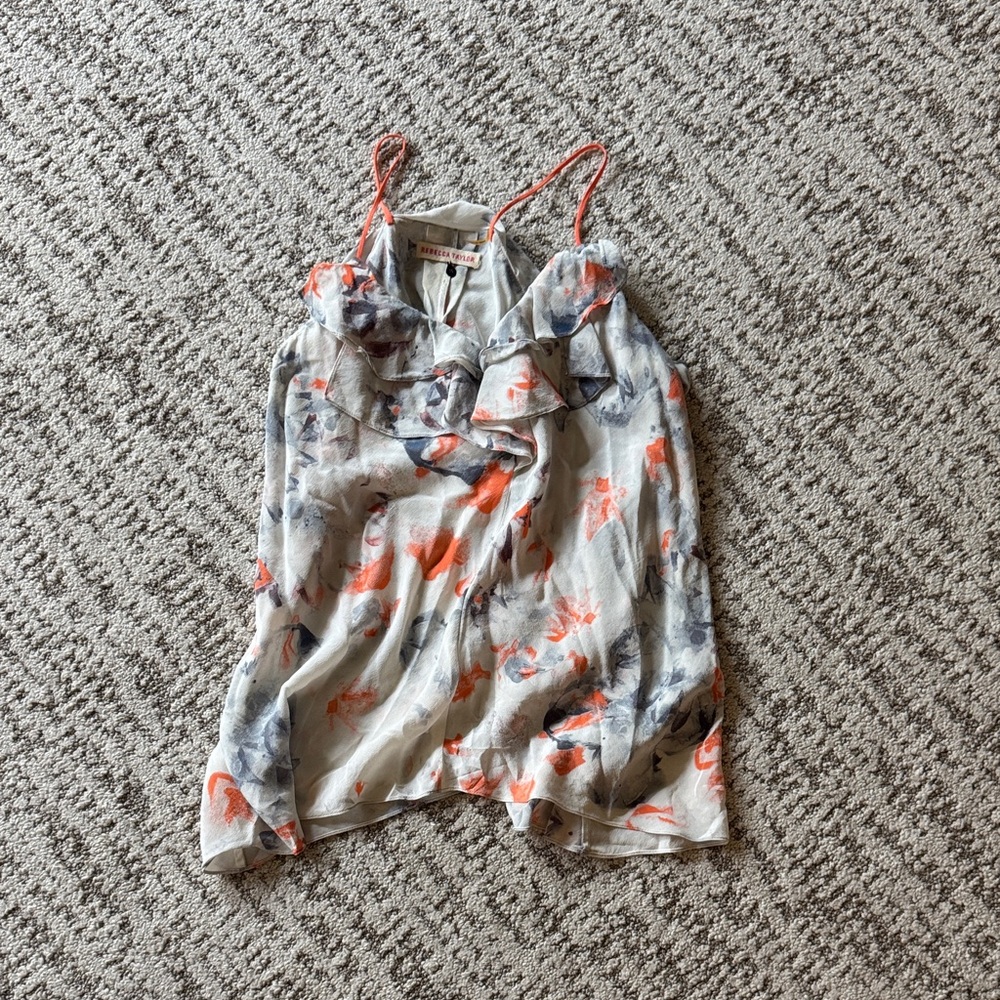 Rebecca Taylor White Silk Floral Ruffle Cami with Coral Accents